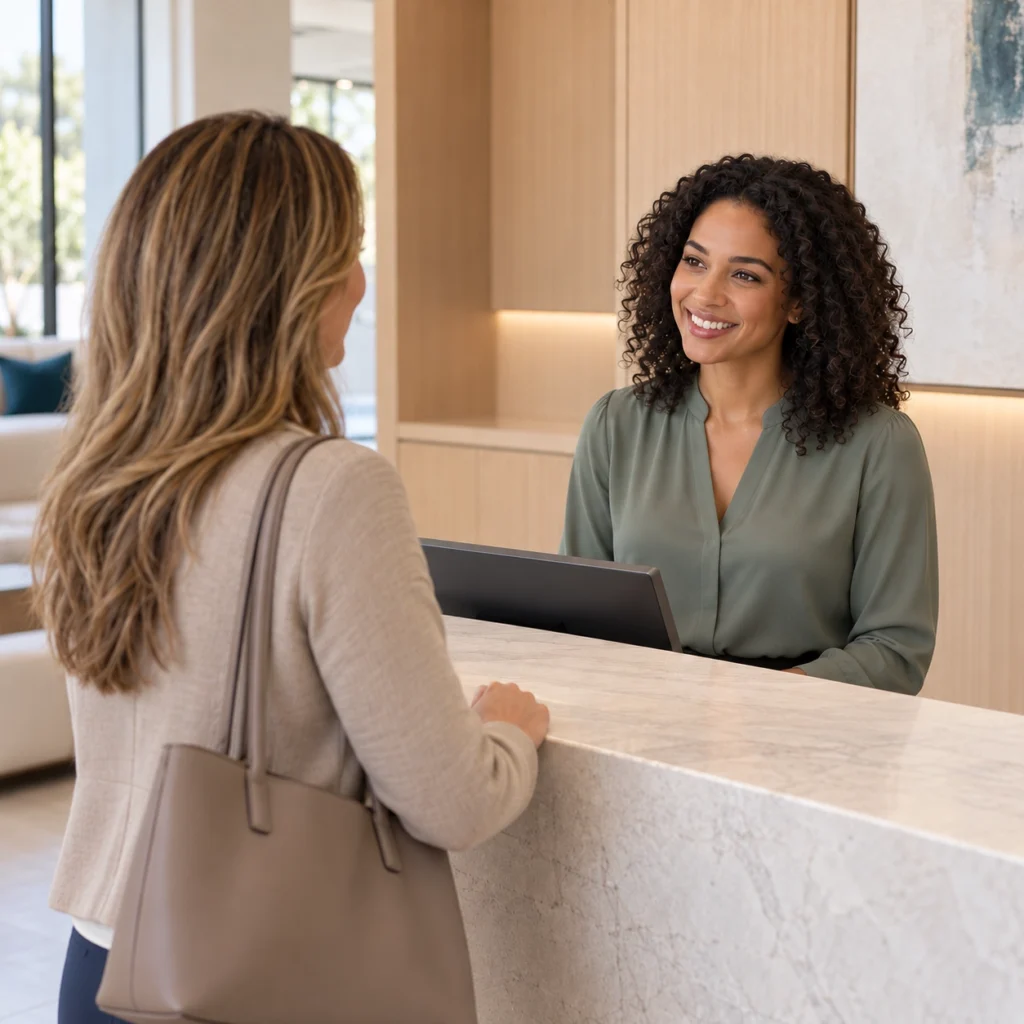 Front desk professional welcoming a patient at reception.