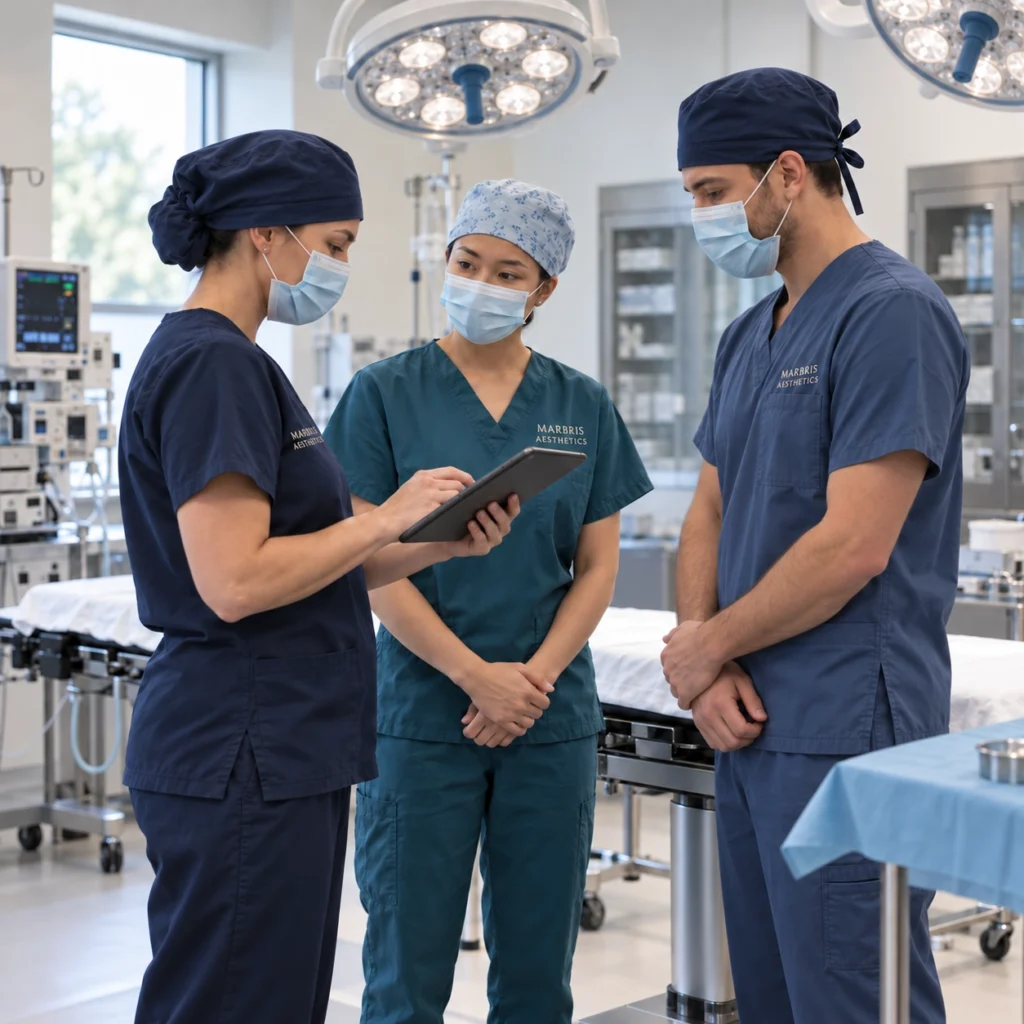 Surgical team reviewing a tablet during a readiness discussion.